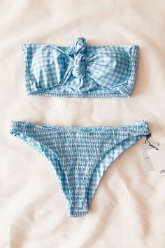 Blue white gingham print Worn mid or high-rise High-leg cut Ruche fabric Cheeky coverage Style Tube Top, Bow Bandeau, Evening Dresses Midi, Plus Size Sweaters, Gingham Print, Sleeveless Maxi Dress, Two Piece Dress, Gingham, Smocking