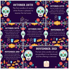 the day of the dead poster is shown in four different colors and sizes, with skulls on