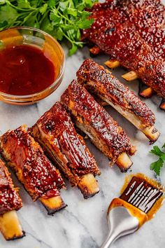 bbq ribs with sauce and parsley on the side