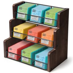 three tiered rack with assorted colored file folders