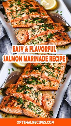 salmon and lemon marinade recipe on a white plate with the title overlay that reads easy & flavorful salmon marinade recipe