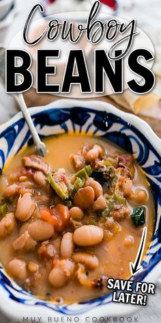 a blue and white bowl filled with beans next to a sign that says fritoles charros cowboy beans