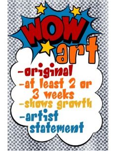 a poster with the words wow art written in different colors and shapes, including stars