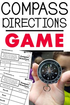 a hand holding a compass with the words compass directions game