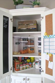 an open refrigerator with lots of food in it's door and labels on the doors