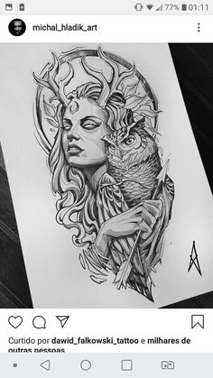 a drawing of a woman with an owl on her shoulder and the words,'i love