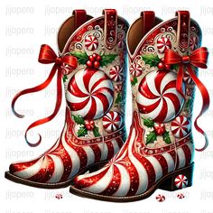 a pair of red and white boots with candy canes on the inside, decorated with bows