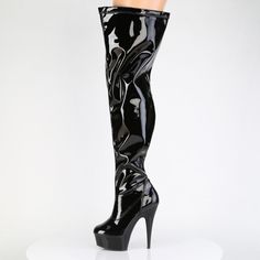 6" High Heel, 1 3/4" Platform Wide Calf Stretch Thigh High Boots. Full Length Inner Side Zipper Closure. Black Faux Patent Leather. Styles: Party Festival Goth Gothic Punk Drag Formal Iled-3000wcf Stretch Thigh High Boots, Calf Stretches, Alternative Shoes, Single Sole Heels, Festival Shoes, 6 Inch Heels, Punk Boots, Gogo Boots, Thigh Boot