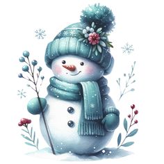 a snowman wearing a blue hat and scarf