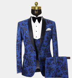 Blue and Black Tuxedo w/ Floral Prints - Gentleman's Guru Wedding Suits Men Blue Royal, Royal Blue Tuxedo For Men Prom, Royal Blue Prom Suits For Black Men, Royal Blue Tuxedo For Men, Royal Blue Tuxedo Wedding, Interesting Suits, Royal Blue And Black Wedding, Blue And Black Tuxedo, Royal Blue Tux