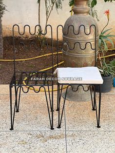 two chairs sitting next to each other near a potted plant