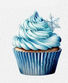 a cupcake with blue frosting and a snowflake on top is shown