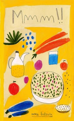 a drawing of food and drinks on a yellow background with the words mama written above it