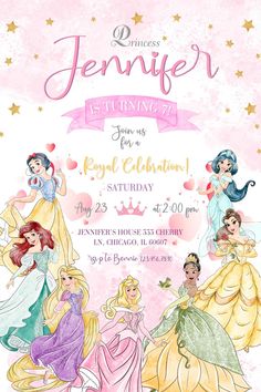 the princess birthday party is going on in this pink and yellow poster with princesses