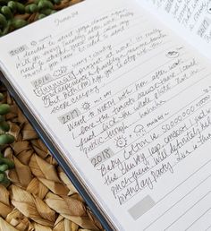 an open notebook with writing on it next to some green beans and other things in the background