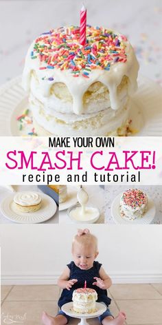 a baby sitting in front of a cake with sprinkles on it and the words make your own smash cake