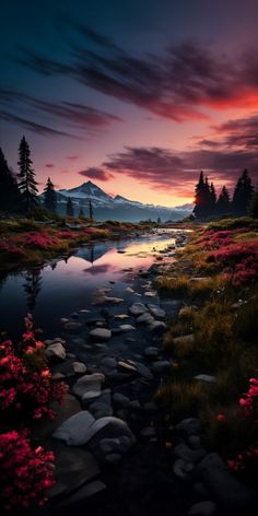 a river running through a lush green forest under a purple sky with flowers in the foreground