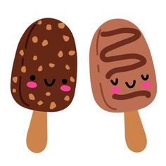 two ice creams with faces drawn on them, one is brown and the other is pink