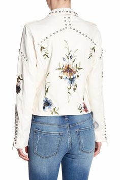 Chic White Outerwear With Floral Embroidery, Spring Chic Outerwear With Floral Embroidery, Chic Floral Embroidered Outerwear For Spring, Casual Long Sleeve Biker Jacket With Floral Embroidery, White Embroidered Denim Jacket For Fall, Casual White Embroidered Denim Jacket, Embroidered Long Sleeve Biker Jacket For Spring, Embroidered White Denim Jacket For Spring, White Embroidered Denim Jacket For Spring