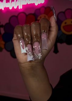 Exotic Nail Designs Medium, Xl Nails With Charms, Extended Duck Nails, Long Duck Nails Acrylic, Duck Nails Long, Long White Acrylic Nails, Junk Duck Nails, Crystal Acrylic Nails, Leo Birthday Nails