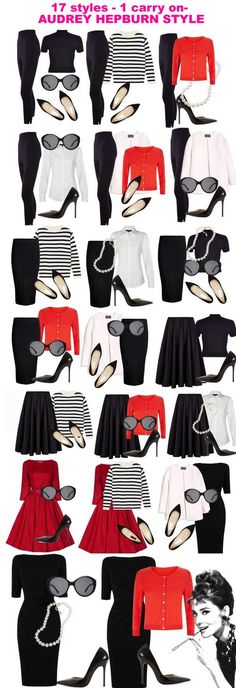 17 styles with only 10 pieces. It’s classic and never out of date - Audrey Hepburn  I love Black and White with a sparkle of Passion Red.  Doesn't get more classic than Audrey! Hepburn Style Outfits, Audrey Hepburn Style Outfits, Audrey Hepburn Outfit, Audrey Hepburn Inspired, Style Capsule, Doc Martens Outfit, Audrey Hepburn Style, Outfits Classy, Hepburn Style