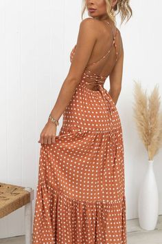 Fall in love with this stunning open back lace-up polka dot tiered maxi dress! Its unique design and playful pattern will make you stand out in any crowd. The open back adds a touch of effortless elegance, while the lace-up detail showcases your figure. Perfect for any occasion, this dress will make you feel confident and stylish.Material:Cotton+PolyesterSIZEUS/CANBUSTWAISTHIPSS2-433"-34"26"-27"36"-37"M6-835"-36"28"-29"38"-39"L10-1237"-39"30"-32"40"-42"XL12-1440"-42"33"-35"43"-45" Fitted Maxi Dress With Lace-up Back For Vacation, Vacation Maxi Dress With Lace-up Back, Polka Dot Summer Maxi Dress, Polka Dot Midi Maxi Dress For Beach, Chic Polka Dot Maxi Dress For Beach, Chic Polka-dotted Maxi Dress For Beach, Polka Dot Sundress Maxi Dress For Beach, Polka Dot Maxi Length Dress For Brunch, Polka Dot Maxi Dress For Brunch