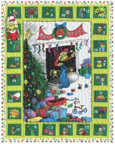 a quilted christmas scene with presents and trees