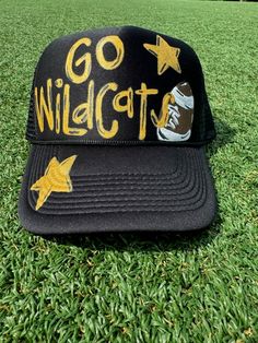 Hand painted trucker hat. Hand Painted Trucker Hats, Painted Trucker Hats, Painted Banners, Wildcats Football, Painted Hats, Yellow Jackets, School Spirit, Trucker Hats, Business Ideas