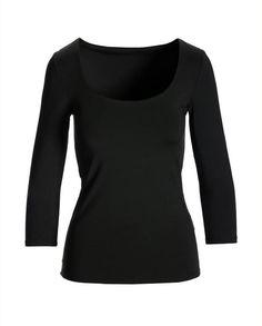 Crafted for the modern woman who loves versatility without compromising style, this So Modern Scoop-Neck Three-Quarter-Sleeve Knit Top is your ultimate wardrobe essential. The smooth, sleek fit and clean polished lines are the epitome of comfortable style. Layer under your favorite jacket and dressy pants or wear solo with high-waisted denim. | Boston Proper - Proper Black - So Modern Scoop Neck Three Quarter Sleeve Top - 2XS Black Scoop Neck Top For Work, Elegant Solid Color Elastane Top, Modern Seamless Solid Tops, Modern Seamless Solid Color Tops, Seamless Tops For Workwear, Classic Black Scoop Neck Top, Elegant Seamless Crew Neck Tops, Elegant Fitted Scoop Neck Tops, Chic Seamless Tops For Work