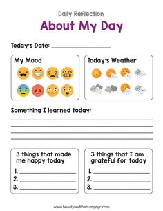 a worksheet with the words about my day and some emoticions on it