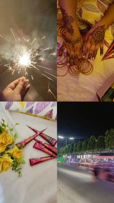 four different pictures with flowers and sparklers in the middle one has yellow roses on it