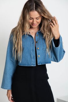 DETAILS Crop denim jacket in blue denim Front pocket Functional button closure Oversized 100% Cotton *Please choose carefully, strictly NO return or exchange on FINAL SALE items SIZING Our model Shannon wears a size 8. True to size for a relaxed fit. CARE INSTRUCTIONS If machine washing, we suggest washing your garment inside out. Approx garment measurements :These measurements have been taken laying flat. For approximate full measurements please multiply the bust, waist and hip measurements by Crop Denim Jacket, Floral Dress Casual, Oversized Denim Jacket, Knitwear Dress, Cropped Denim Jacket, Cropped Denim, Crop Jacket, Floral Maxi Dress, Jacket Tops