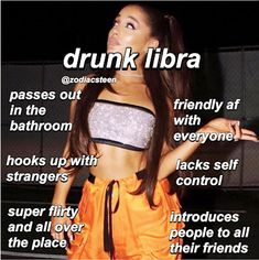 a woman in an orange skirt with the words drunk libra above her and below it