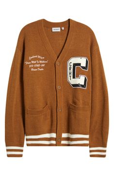 The appliquéd and embroidered varsity graphics on this midweight cardigan give a shout-out to the Brown Ducks and everyone else who gets things done. 28" length (size Medium) Front button closure V-neck Long sleeves Dropped shoulders Ribbed cuffs and hem Front patch pockets 80% acrylic, 20% nylon Machine wash, dry flat Imported Sporty Fall Cardigan For College, Spring Cotton Varsity Jacket With Embroidered Graphics, Casual Varsity Jacket With Embroidered Logo For Spring, Varsity Cardigan For Winter College Season, Varsity Style Winter Cardigan For College, Varsity Style Cardigan For College In Winter, Winter Varsity Cardigan, Fall College Cardigan With Ribbed Cuffs, Casual Winter Cardigan For College