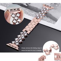 Features: 1.Premium stainless steel metal classic bands Perfect for Apple Watch all models 38mm/42mm/40mm/44mm, Series 1 2 3 4 2.Perfect polishing technology, makes surface more smooth and sparkling. All the crystals are hand-inlaid under a microscope. 3.Elegant slim band set with rhinestones. Just enough bling to make it very fashionable. Makes your iwatch band look like a jewelry. A nice option to wear the apple watch with your dresses. Brings you lots of compliments 4.Corrosion-Resisting. Mat Luxury Silver Metal Watch Accessories, Silver Metal Bracelet Strap Watch, Rose Gold Metal Apple Watch Band With Bracelet Strap, Silver Metal Bracelet Strap Apple Watch Band, Silver Stainless Steel Watches With Bracelet Strap, Modern Silver Metal Apple Watch Band, Rose Gold Stainless Steel Watch Bracelet Strap, Rose Gold Stainless Steel Watch With Metal Dial, Rose Gold Metal Jewelry And Watches With Bracelet Strap