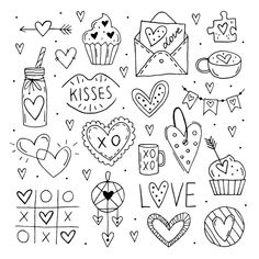 hand drawn valentines day doodles with hearts and cupcakes on white background