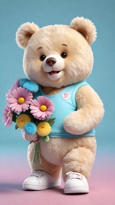 a teddy bear holding some flowers on a pink and blue background in front of a blue backdrop