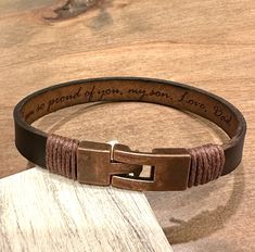 Beautiful genuine leather bracelet, you can personalized it with a special message or something that you have in mind. This trendy, simple, and comfortable bracelet is a perfect meaningful gift for any person in your life. Great to wear in any occasion. Bracelet Specifications: -10mm Leather Band -Antique Red Copper Clasp -Antique Bronze Clasp -Cotton cord To maintain the quality and the beauty of your leather accessory , please DO NOT expose it to the water such as the shower, pool, spa, or the beach! Engraving Details: -I can engrave up to 55 characters including spaces, on the bracelet per side. -This bracelet can be personalized with own phrase, Letters, numbers, messages, dates, coordinates, roman numerals, names, favorite places HOW TO ORDER: First): In the drop down menu it will giv Luxury Engraved Brown Leather Bracelet, Genuine Leather Bracelet, Leather Accessory, Red Copper, Unisex Gift, Pool Spa, Birthday Gift For Him, Unisex Gifts, Unisex Jewelry