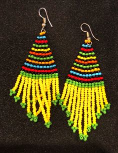 Seed bead pierced earrings with colorful beaded embellishment and multicolor style. Mike Mouse, Hoop Earrings Diy, Crochet Beaded Necklace, Making Bracelets With Beads, Beaded Jewelry Earrings, Beaded Chandelier Earrings, Beaded Jewelry Bracelets, Miyuki Delica Beads, Earrings Dangling