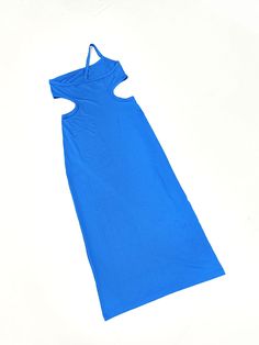 Material: Milk Silk One-Shoulder Design Bodycon Fit Midi-LengthDress Spaghetti Strap Solid Color Cut-Out Stretchy Blue Cutout Maxi Dress For Summer, Blue Maxi Length Dress With Cutout, Blue Cutout Maxi Dress, Blue Maxi Dress With Cutout Details, Blue Maxi Dress With Cutout, Blue Bodycon Midi Dress With Spaghetti Straps, Light Blue Strapless Bodycon Summer Dress, Summer Light Blue Strapless Bodycon Dress, Blue One-shoulder Bodycon Dress For Summer