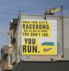 a billboard on the side of a building advertising raccoons as big dogs, you don't jog you run