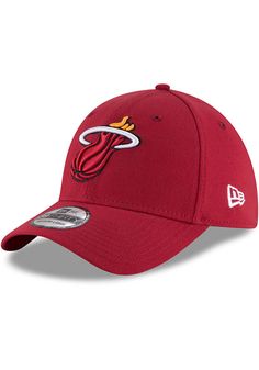 Pull on this Miami Heat Team Classic 39THIRTY Red Flex Hat just in time for the game! This Miami Heat Flex Hat features a front embroidered team logo on a structured polyester cap with pre-curved visor and flexible 39THIRTY sizing. Front raised embroidered team logo, Secondary team logo embroidered on back, 100% woven polyester, Flexible-fit 39THIRTY sizing, New Era flag embroidered on the left side, Pre-curved bill, Structured crown, Polyester, Washable, Imported Red Baseball Cap With Embroidered Logo For Baseball Season, Red Baseball Cap With Embroidered Logo, Red Baseball Cap With Embroidered Logo For Sports, Red Fitted Hat For Sports Events, Red Sports Team Baseball Cap, Red Sports Fan Baseball Cap, Red Hat With Embroidered Logo For Game Day, Red Hats With Embroidered Logo And Curved Visor, Red Collegiate Baseball Cap For Sports Events