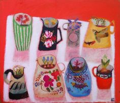 a painting of vases and flowers on a red background