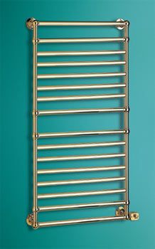 an electric towel warmer on a blue wall with gold fittings and knobs to the side