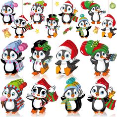 a group of penguins wearing christmas hats and scarves with presents hanging from strings on white background