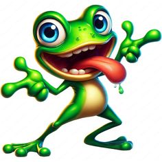 a cartoon frog holding a hot dog in its mouth and making a funny face with his tongue out