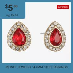 Features: HypoallergenicEarring Back: PostShape: TeardropMetal Color: Gold ToneEarring Length: 14.7mmEarring Width: 11.4mmCare: Wipe CleanEarrings Type: Post EarringsEarrings Style: Stud EarringsCountry of Origin: Imported Monet Jewelry, Earrings Red, Earrings Stud, Earrings Color, Stud Earrings, Red, Gold, Color