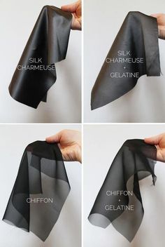 four pictures showing how to fold a scarf with the words silk, chameuse, gelatine and geratine