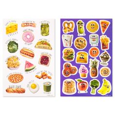 an assortment of food stickers are shown next to each other