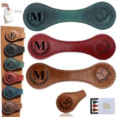 three leather bookmarks with monogrammings and the letters m, b, c